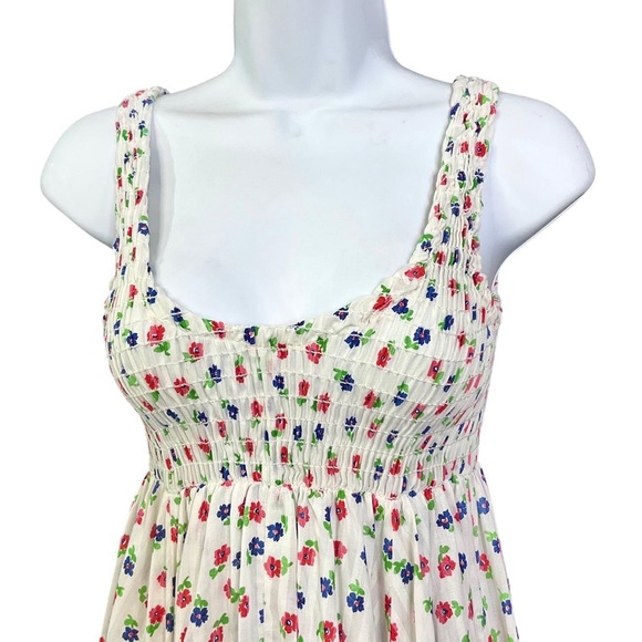 💃SOLD💃 70s hippie striped smocked calico full sweep semi sheer maxi dress - Picture 5 of 9